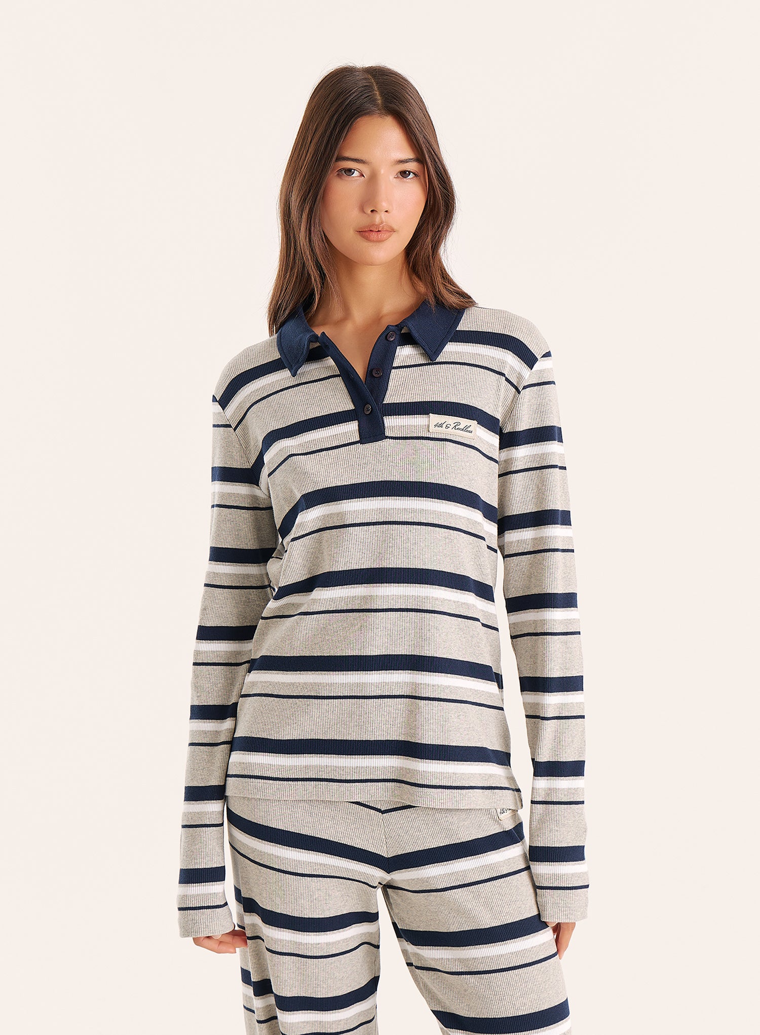 Grey And Blue Stripe Fine Ribbed Jersey Long Sleeve Top